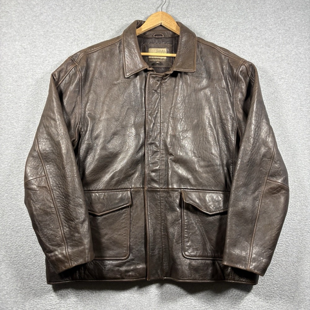 Vtg Cabela's Leather Field Jacket Mens XL Tall Brown Chore Car Coat Heavy